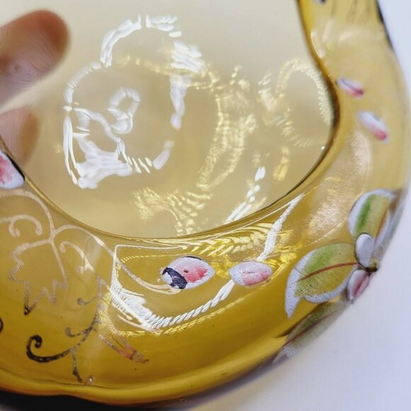 Vintage Amber Blown Glass Ashtray Hand Painted Flowers Gold Gilt Painting - Picture 9 of 10
